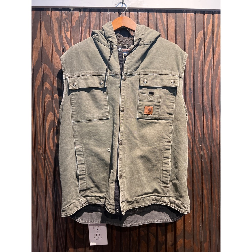 Carhartt Hooded Sherpa Lined Canvas Vest Olive Green Mens Medium 21x29
